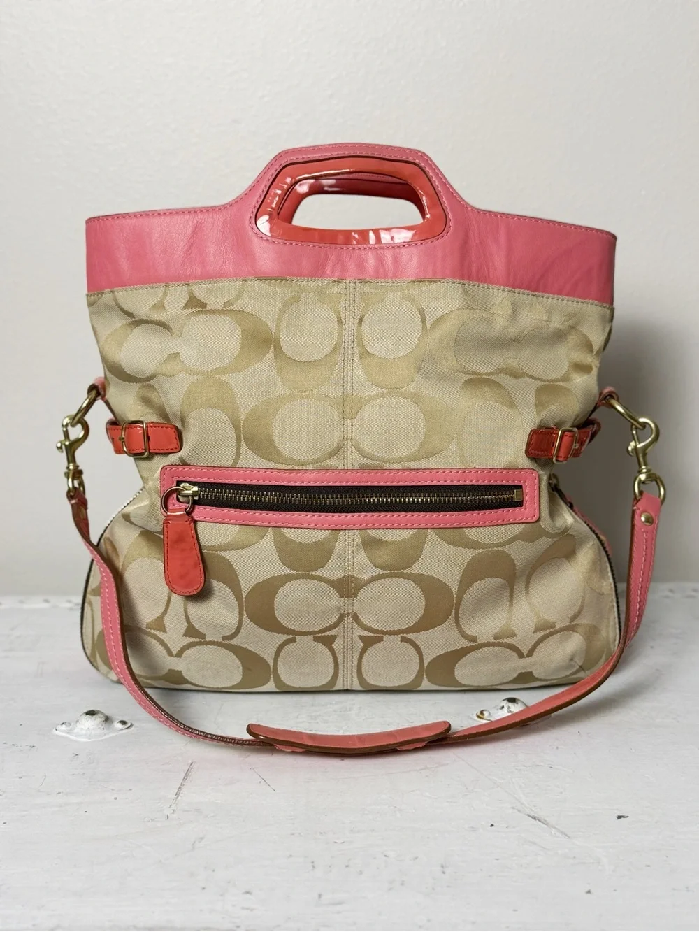Coach Light Khaki/Coral Bonnie Signature Logo Print Fold Over Crossbody Bag 1339